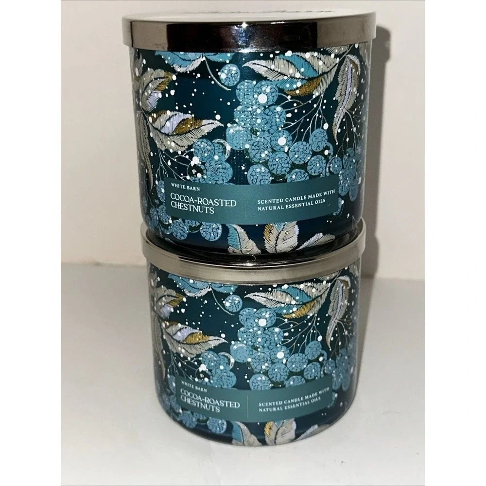 White Barn Cocoa-Roasted Chestnuts 3-Wick Scented Candle 14.5oz Lot of 2 Teal